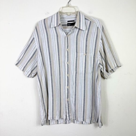 Marc Edwards Washable Linen White Striped Short Sleeve Button Up Shirt Size M - Picture 1 of 4